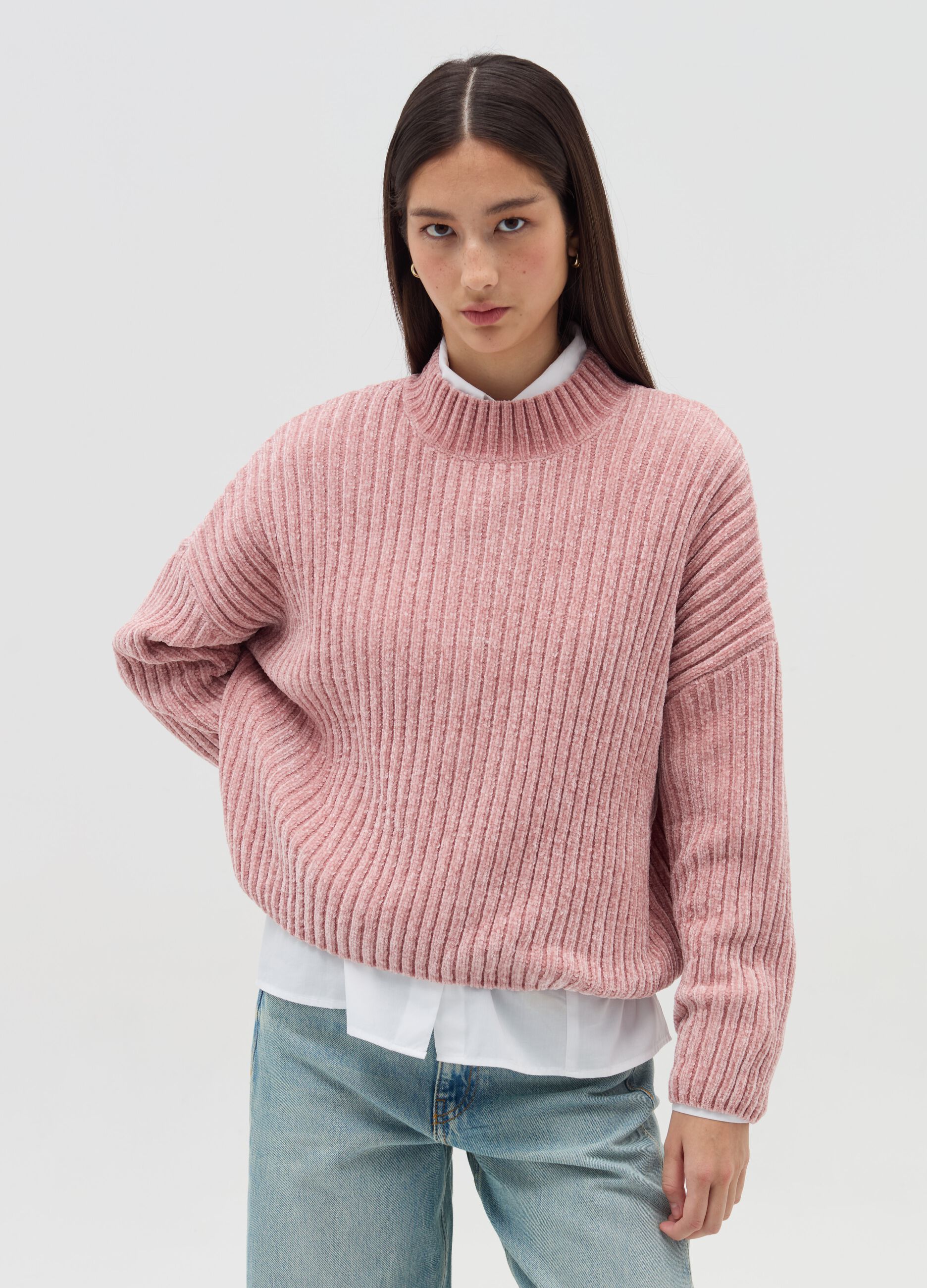 Chenille pullover with mock neck