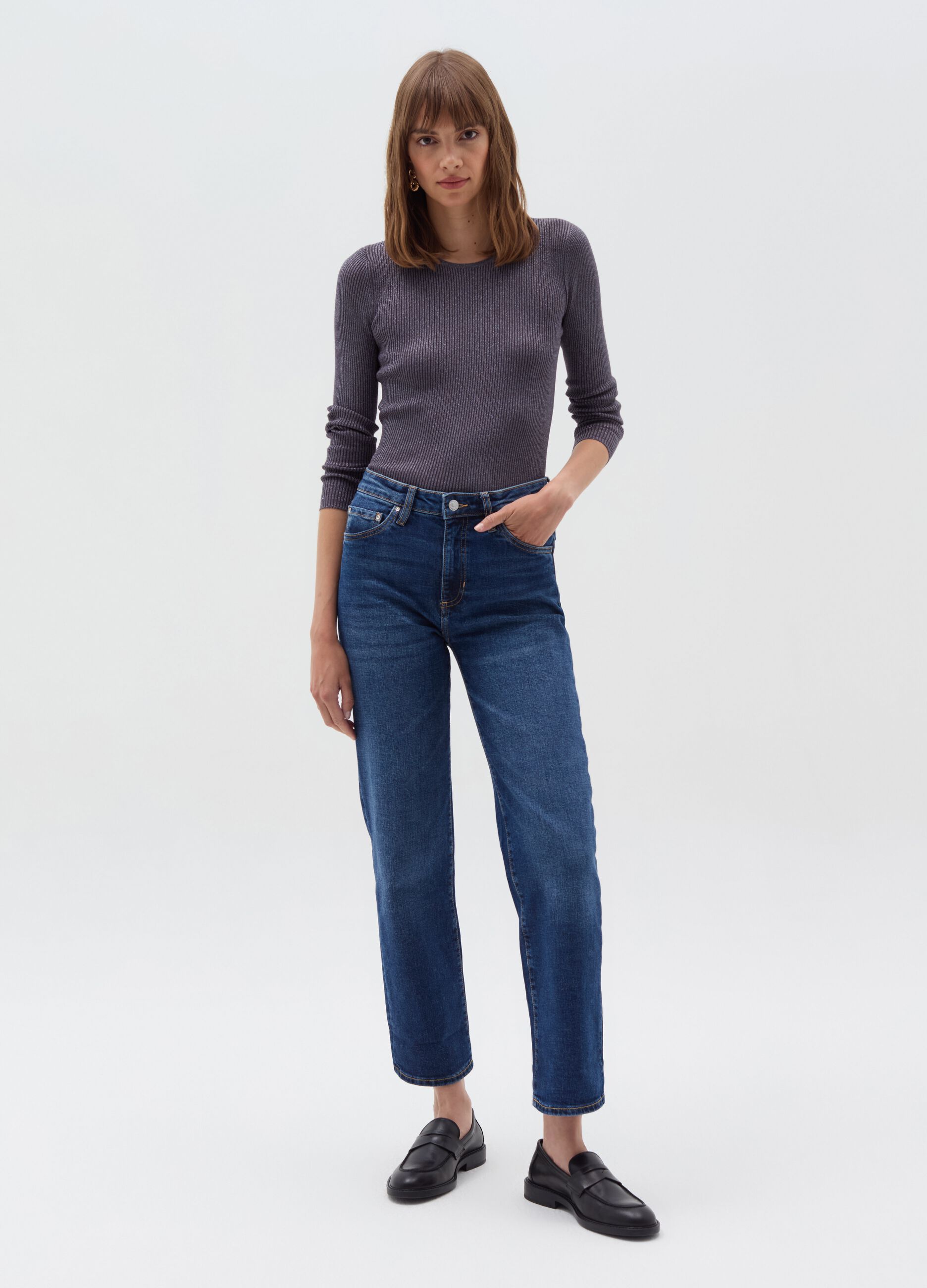 Ribbed top in lurex with long sleeves