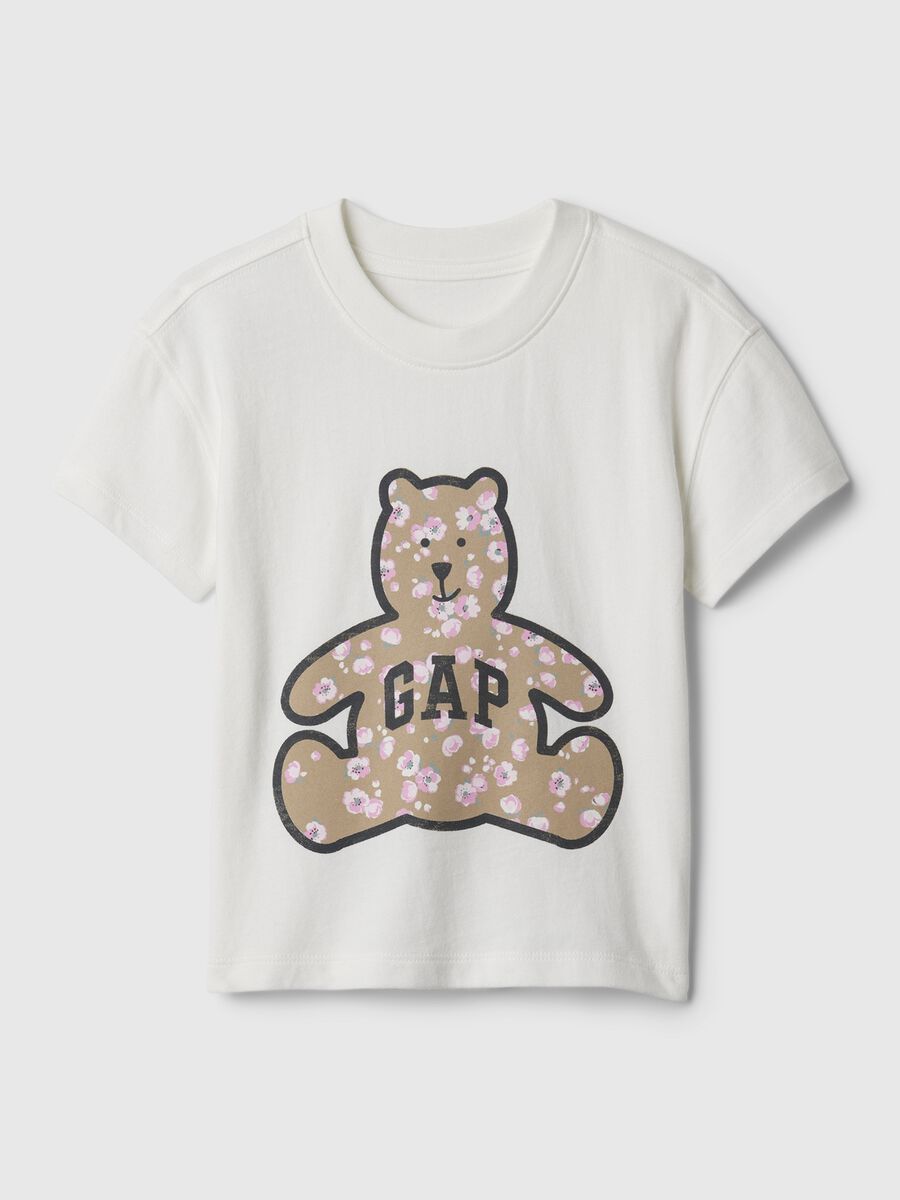 T-shirt in cotone con stampa orsetto e logo_0