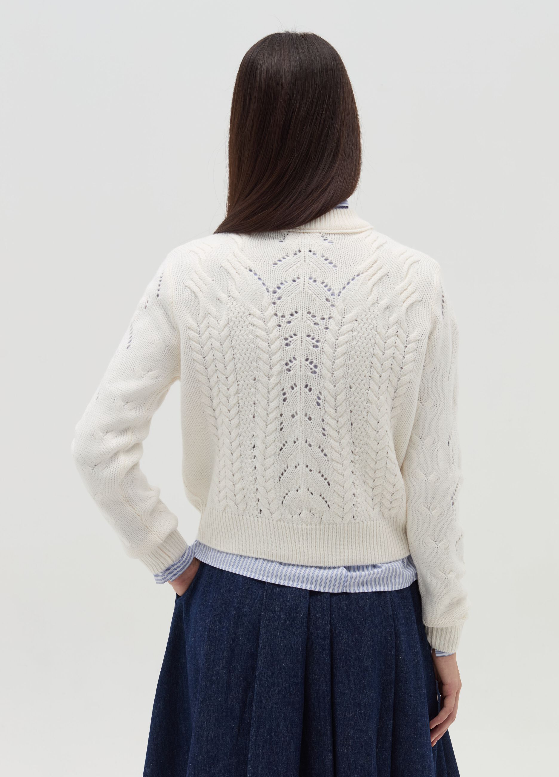 Cropped pointelle pullover with cable-knit design