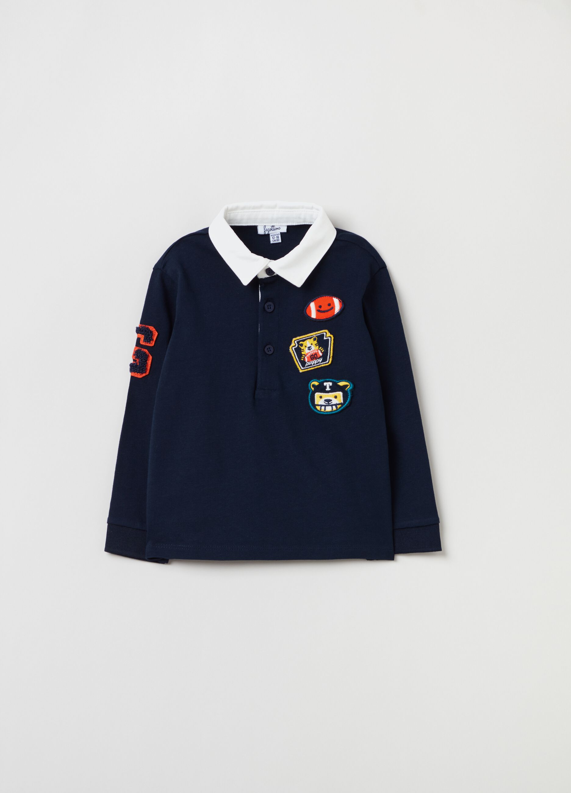 Long-sleeved polo shirt with animal patches