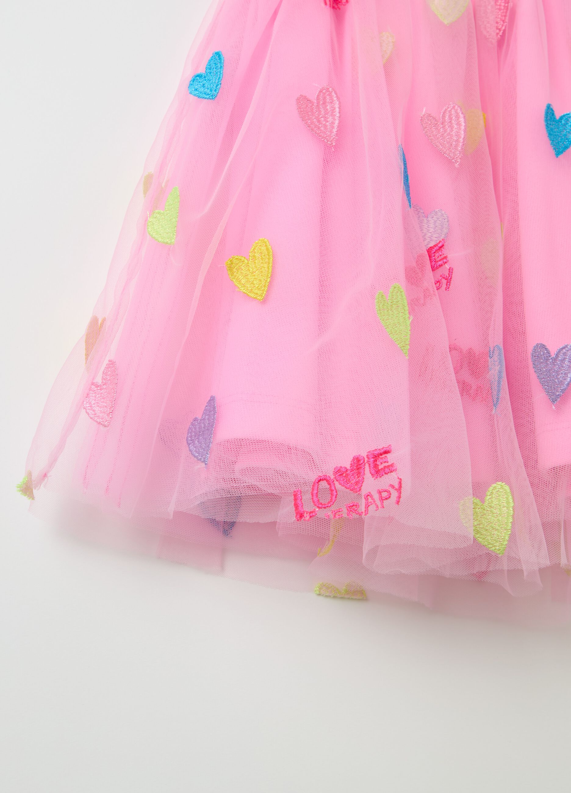 Tulle skirt with multicoloured hearts embroidery