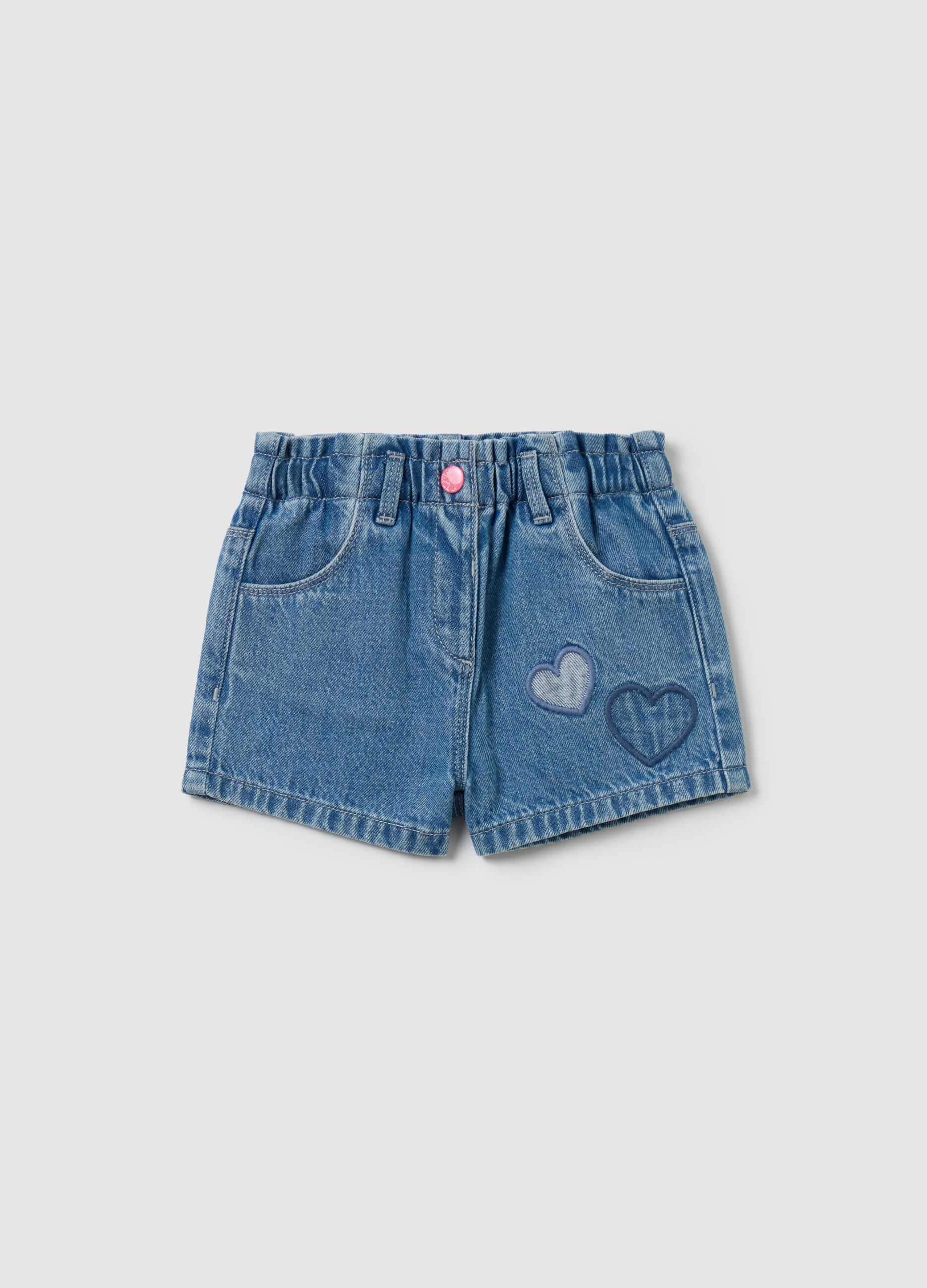 Denim shorts with hearts embroidery